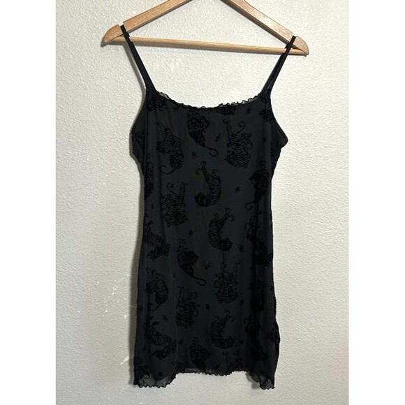 H&M Divided Mesh Mini Dress M Black Velvet Tiger Spaghetti Strap Whimsigoth alt - Picture 2 of 7